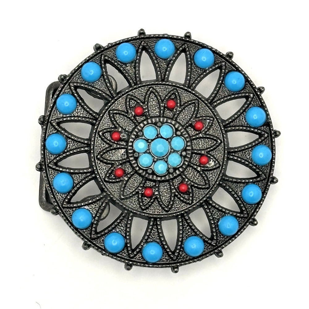 Southwestern Belt Buckle Faux Turquoise Red Cabochon Round Silver Tone 3.25"